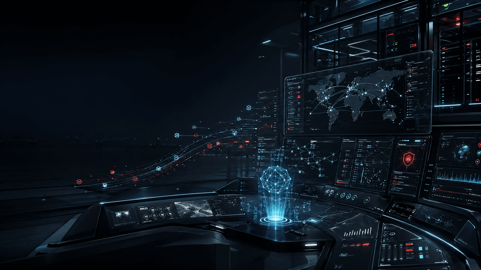Dark AI operations command center with security telemetry